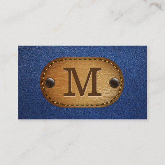 Carte De Visite Monogramme en cuir | Patch en cuir bleu et pointil (Devant)