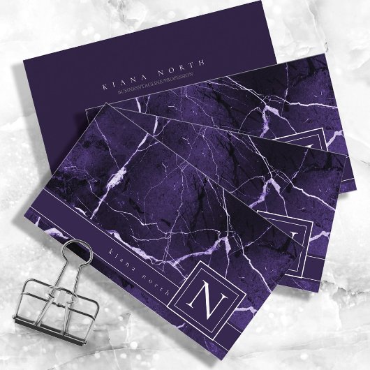 Carte De Visite Monogramme en marbre simple violet et blanc ID672