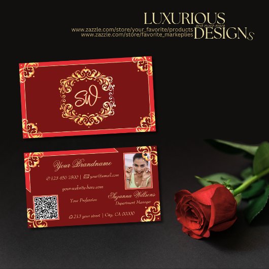 Carte De Visite Monogramme en or rouge profond Code QR photo
