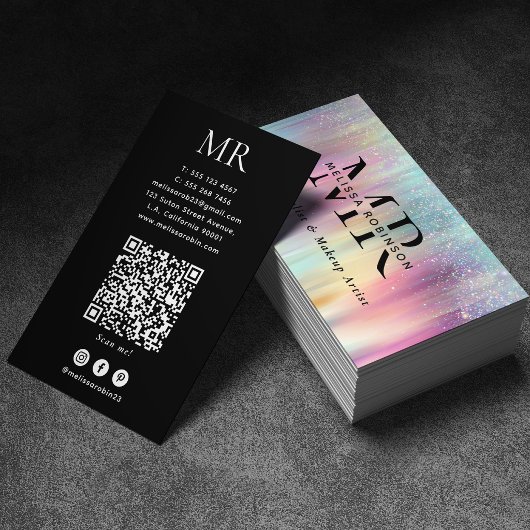 Carte De Visite Monogramme et code QR pailletés arc-en-ciel de cou