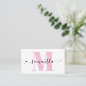 Carte De Visite Monogramme Féminin Rose Clair et Blanc à Points (Debout devant)