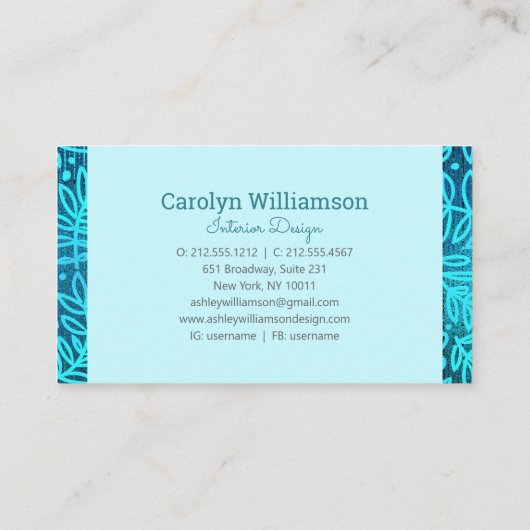 Carte De Visite Monogramme feuille turquoise motif moderne (Dos)