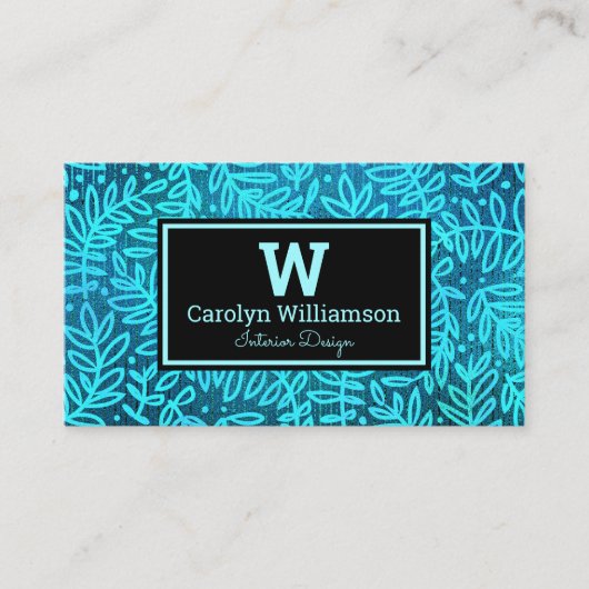 Carte De Visite Monogramme feuille turquoise motif moderne (Devant)