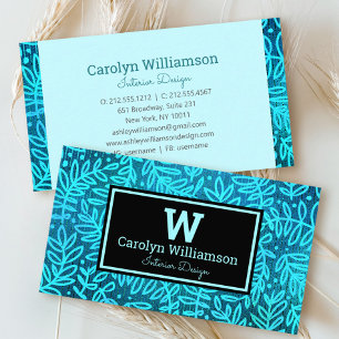 Carte De Visite Monogramme feuille turquoise motif moderne
