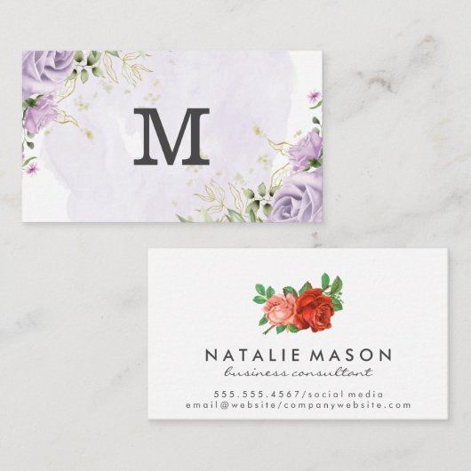 Carte De Visite Monogramme | Fleurs violettes (Devant / Derrière)