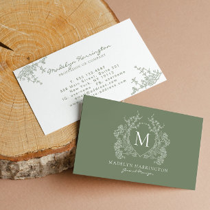Carte De Visite Monogramme floral de crête de vert sauge moderne