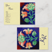 Carte De Visite MONOGRAMME FLORAL, vert rouge bleu orange blanc (Devant / Derrière)
