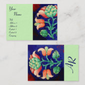 Carte De Visite MONOGRAMME FLORAL, vert rouge bleu orange blanc (Devant / Derrière)