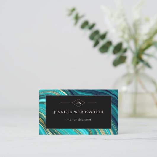 Carte De Visite Monogramme Géode vert Agate Malachite QR Code (Debout devant)