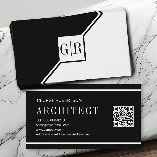 Carte De Visite Monogramme géométrique moderne noir et blanc