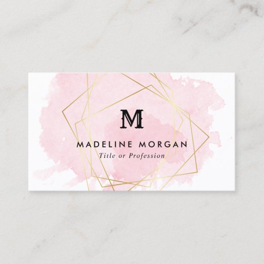 Carte De Visite Monogramme Géométrique Rosée Aquarelle Faux Gold (Devant)