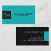 Carte De Visite Monogramme Gras Moderne Noir & Turquoise Damas 2 (Devant / Derrière)