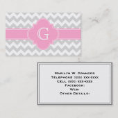 Carte De Visite Monogramme gris clair blanc Chevron rose Quatrefoi (Devant / Derrière)