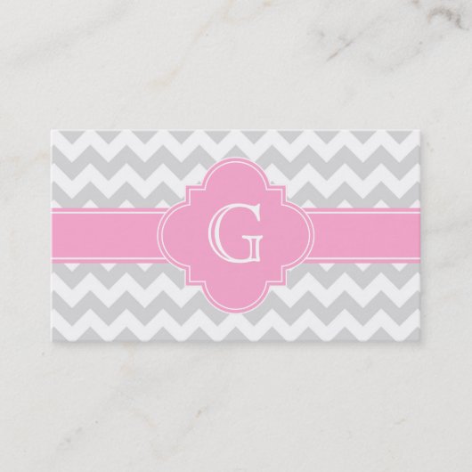 Carte De Visite Monogramme gris clair blanc Chevron rose Quatrefoi (Devant)