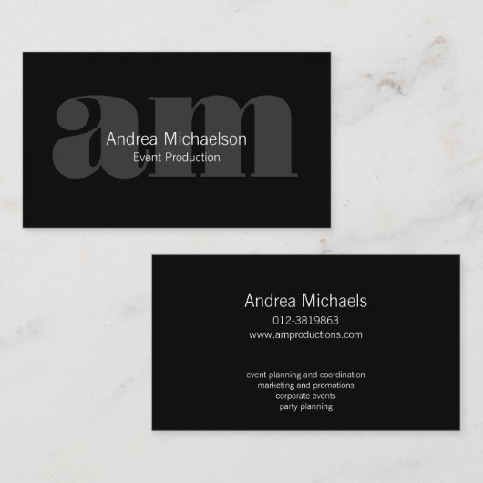Carte De Visite Monogramme gris foncé sur noir horizontal (Devant / Derrière)