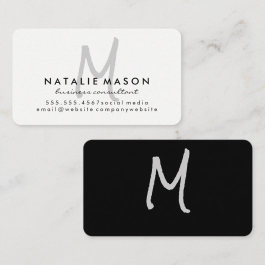 Carte De Visite Monogramme Gris Main Écrite (Devant / Derrière)