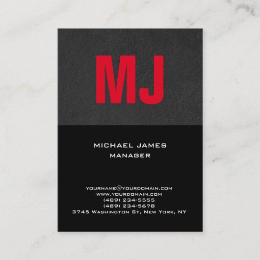 Carte De Visite monogramme gris noir rouge tendance unique (Devant)