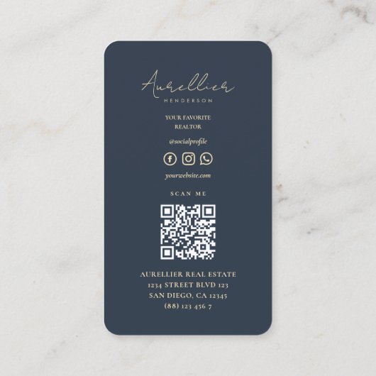 Carte De Visite Monogramme immobilier moderne Realtor Bleu foncé (Dos)