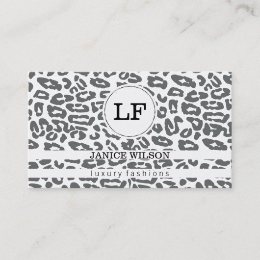 Carte De Visite Monogramme | Impression Cheetah (blanc) (Devant)