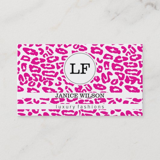 Carte De Visite Monogramme | Impression Cheetah (rose chaud) (Devant)