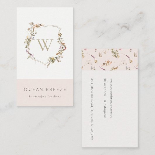 Carte De Visite Monogramme initial de Fleur sauvage rose cendré (Devant / Derrière)