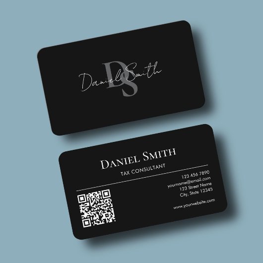 Carte De Visite Monogramme Initial Professionnel Code QR Noir Simp