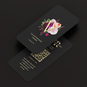 Carte De Visite Monogramme initial Rose floral élégant noir