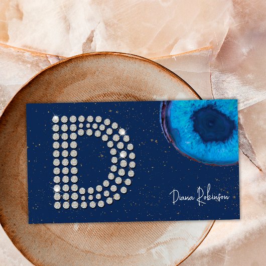 Carte De Visite Monogramme initiale lettre D en agate bleue diaman