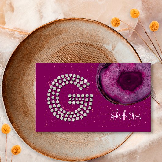 Carte De Visite Monogramme initiale lettre G en agate prune diaman