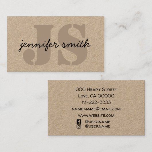 Carte De Visite Monogramme Initiales Brown Rustique Avec Les Média (Devant / Derrière)