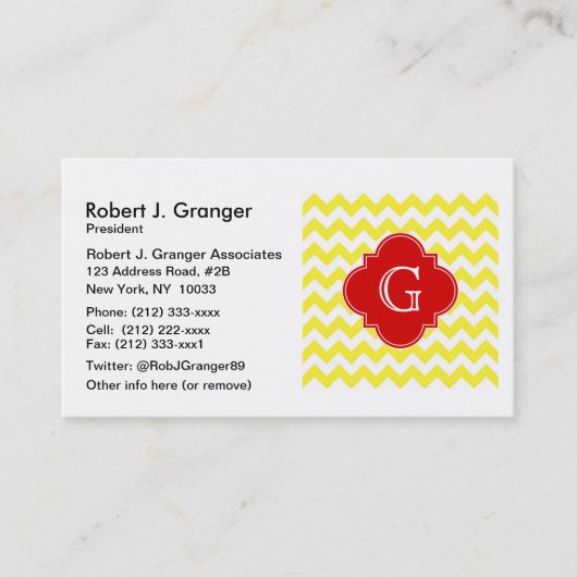 Carte De Visite Monogramme jaune blanc Chevron rouge Quatrefoil (Devant)
