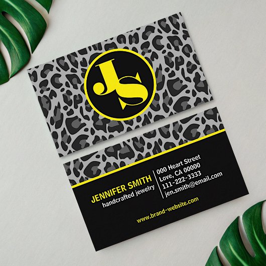 Carte De Visite Monogramme jaune Empreinte de léopard classique Ro