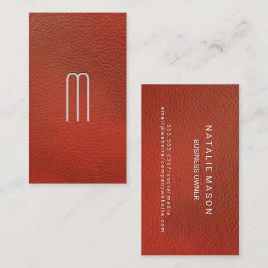 Carte De Visite Monogramme lisse | Arrière - plan en cuir rouge (Devant / Derrière)