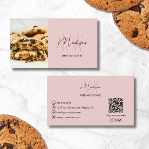 Carte De Visite Monogramme Logo Boulangerie biscuits QR Rose