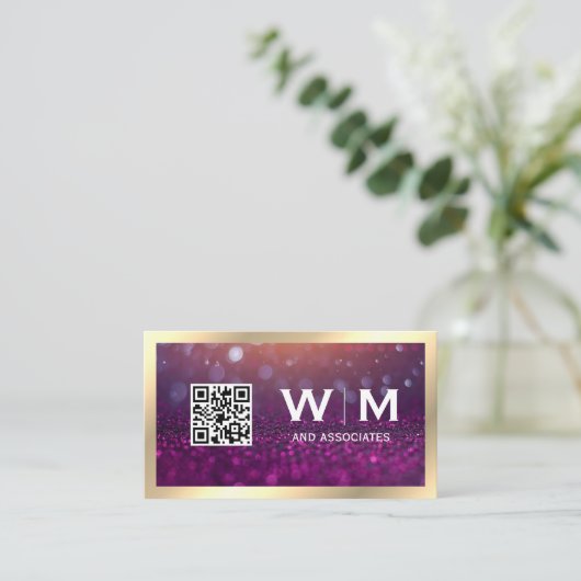 Carte De Visite Monogramme | Magenta Bokeh | CODE QR (Debout devant)