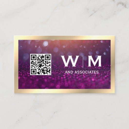 Carte De Visite Monogramme | Magenta Bokeh | CODE QR (Devant)