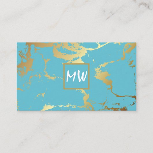 Carte De Visite Monogramme | Marbre Turquoise or (Devant)