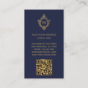 Carte De Visite Monogramme Marine Bleu Vintage Faux Gold Crest QR