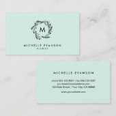 Carte De Visite Monogramme Menthe verte et noire couronne florale (Devant / Derrière)