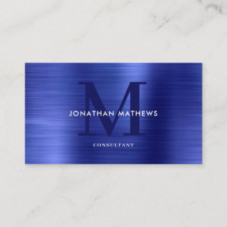 Carte De Visite Monogramme métallique bleu brossé moderne professi
