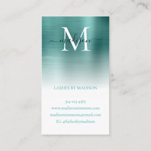Carte De Visite Monogramme métallique brossé vert turquoise Script (Dos)