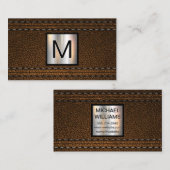 Carte De Visite Monogramme métallique | Cuir Brown double pointill (Devant / Derrière)