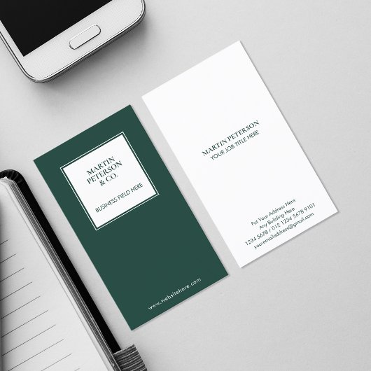 Carte De Visite Monogramme minimal | Cadre blanc sur Vert foncé