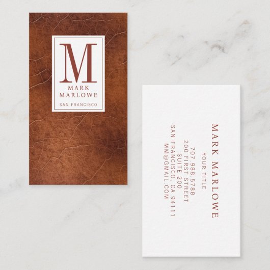 Carte De Visite Monogramme minimal Châtaigne Brown en cuir Texture (Devant / Derrière)
