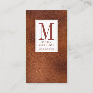 Carte De Visite Monogramme minimal Châtaigne Brown en cuir Texture