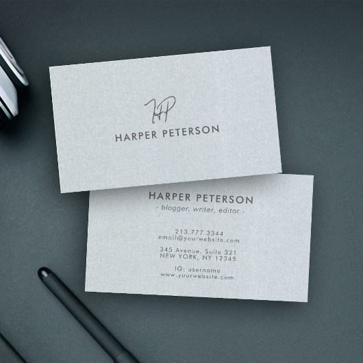 Carte De Visite Monogramme minimal Linge gris bleu simple Moderne