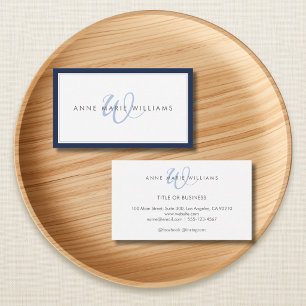 Carte De Visite Monogramme minimaliste à deux bordures en bleu mar