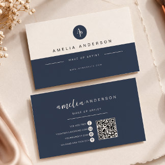 Carte De Visite Monogramme Minimaliste Code Qr Bleu Marine Foncé