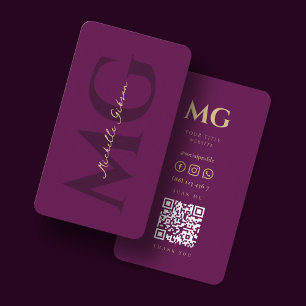 Carte De Visite Monogramme minimaliste élégant pourpre foncé QR