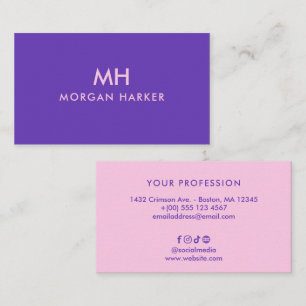 Carte De Visite Monogramme minimaliste propre violet rose bicolore
